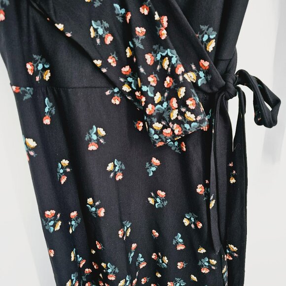 Loft Petites True Wrap Dress SP Black Colorful Floral Petaled Long Sleeve New - Picture 7 of 12